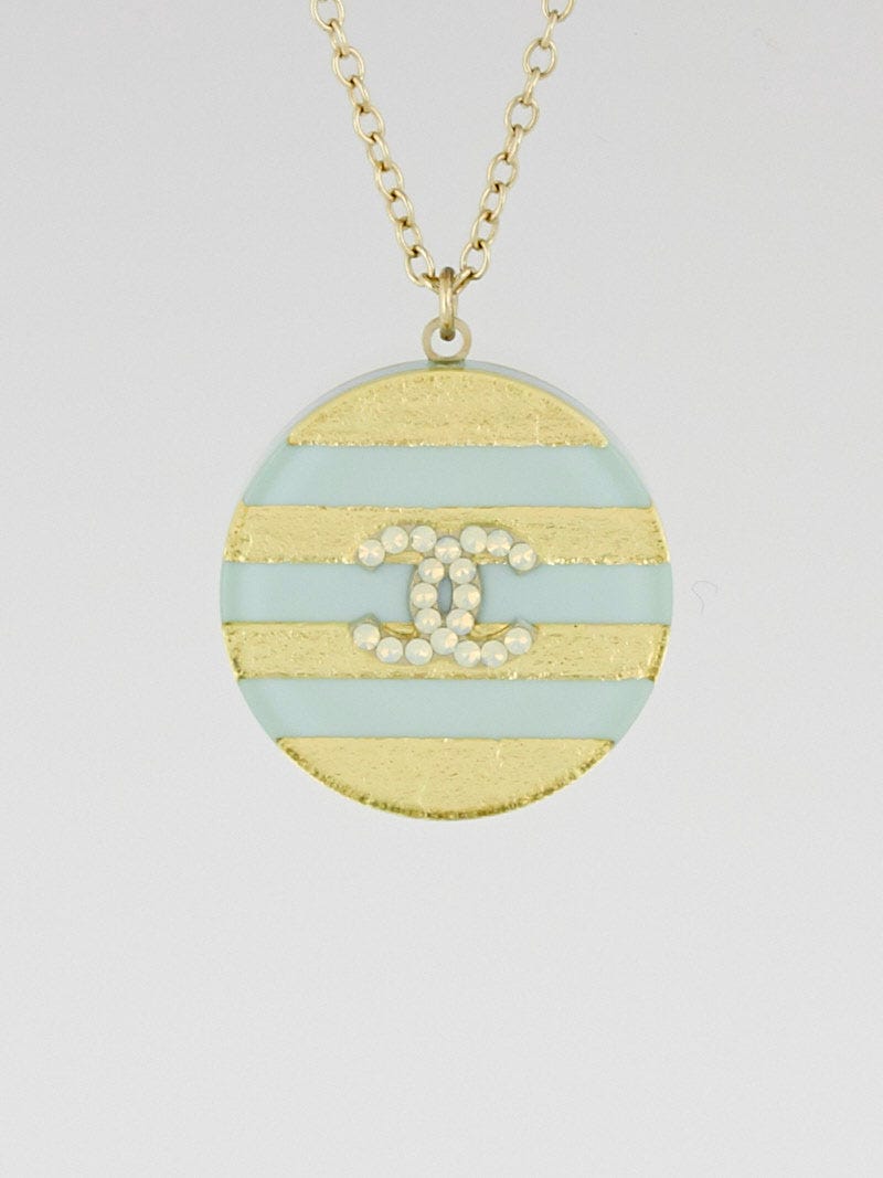 Chanel Blue/Gold Striped Resin CC Pendant Necklace - Yoogi's Closet
