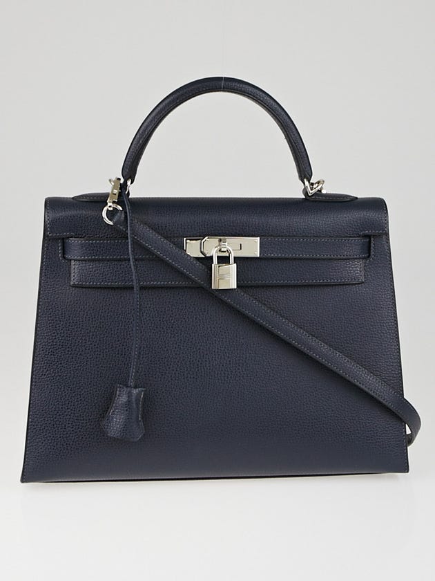 Hermes 32cm Blue Obscure Vache Liegee Leather Palladium Plated Kelly Sellier Bag
