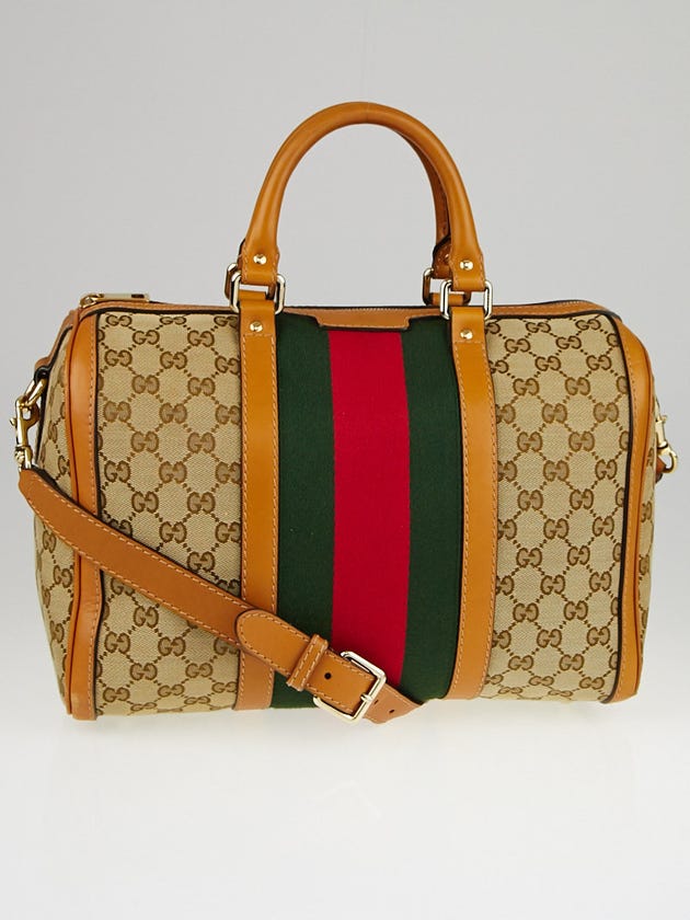 Gucci Beige/Brown GG Canvas Vintage Web Medium Boston Bag w/ Shoulder Strap 