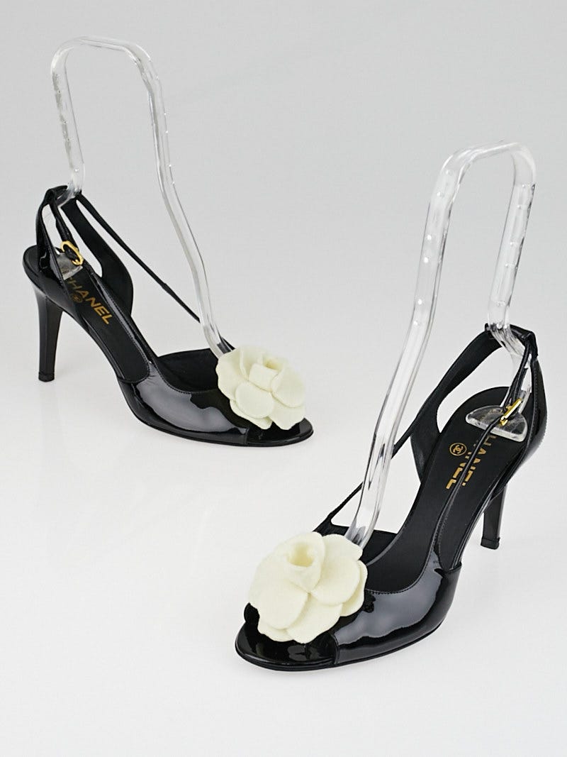 Chanel Black Patent Leather Camellia Slingback Sandals Size 9/39.5 -  Yoogi's Closet