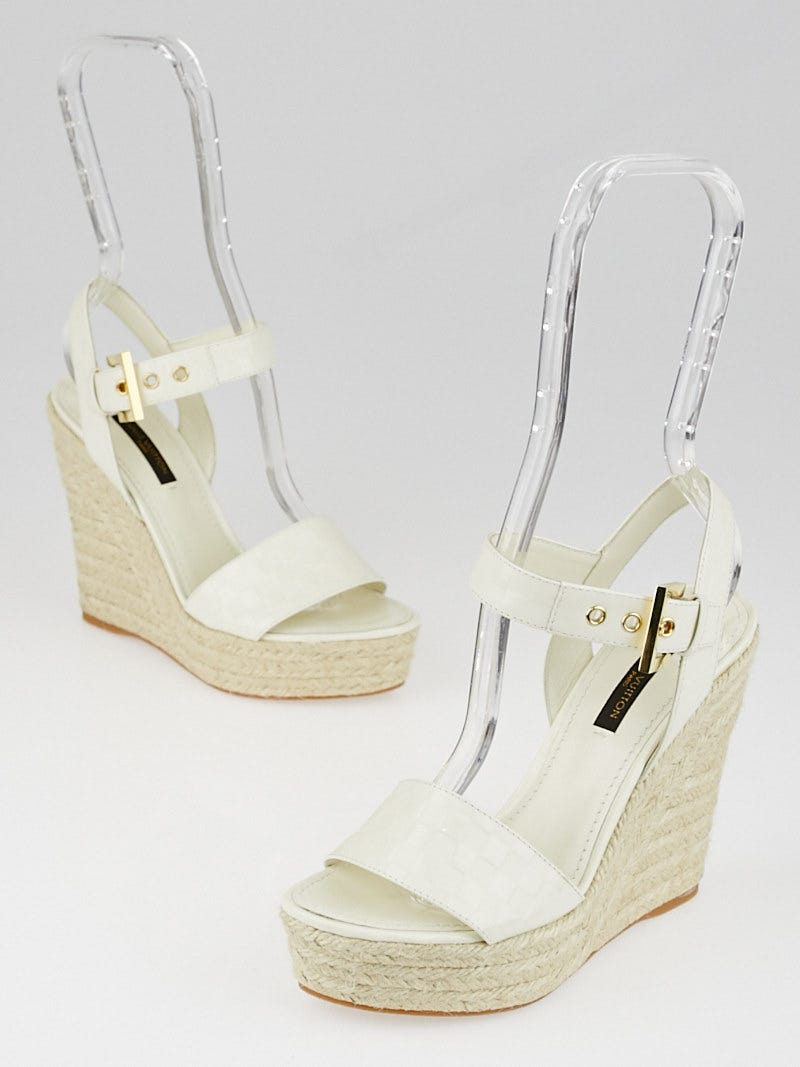Louis Vuitton White Patent Leather Checkers Espadrille Wedge Sandals Size  4.5/35 - Yoogi's Closet