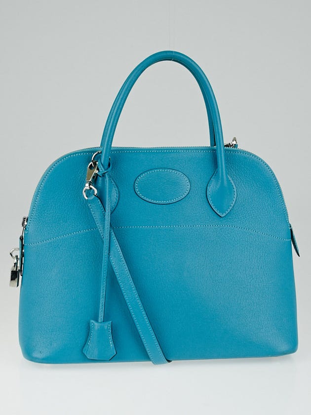 Hermes 31cm Turquoise Chevre Mysore Leather Palladium Plated Bolide Bag
