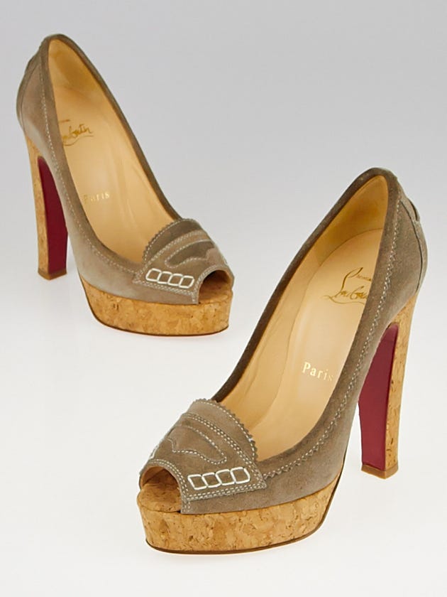 Christian Louboutin Taupe Suede Massimo 120 Peep Toe Cork Pumps Size 3.5/34