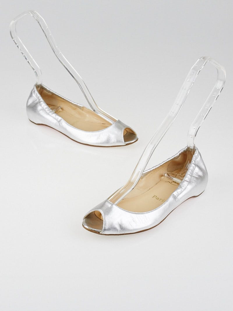 Christian Louboutin Silver Metallic Nappa Leather Exi Peep Toe Elastic Ballet Flats Size 3.5/34