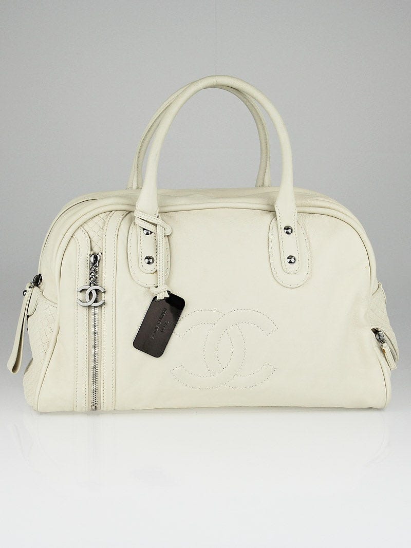 Chanel White Leather CC Large Carry-On Bowling Bag - Yoogi's Closet