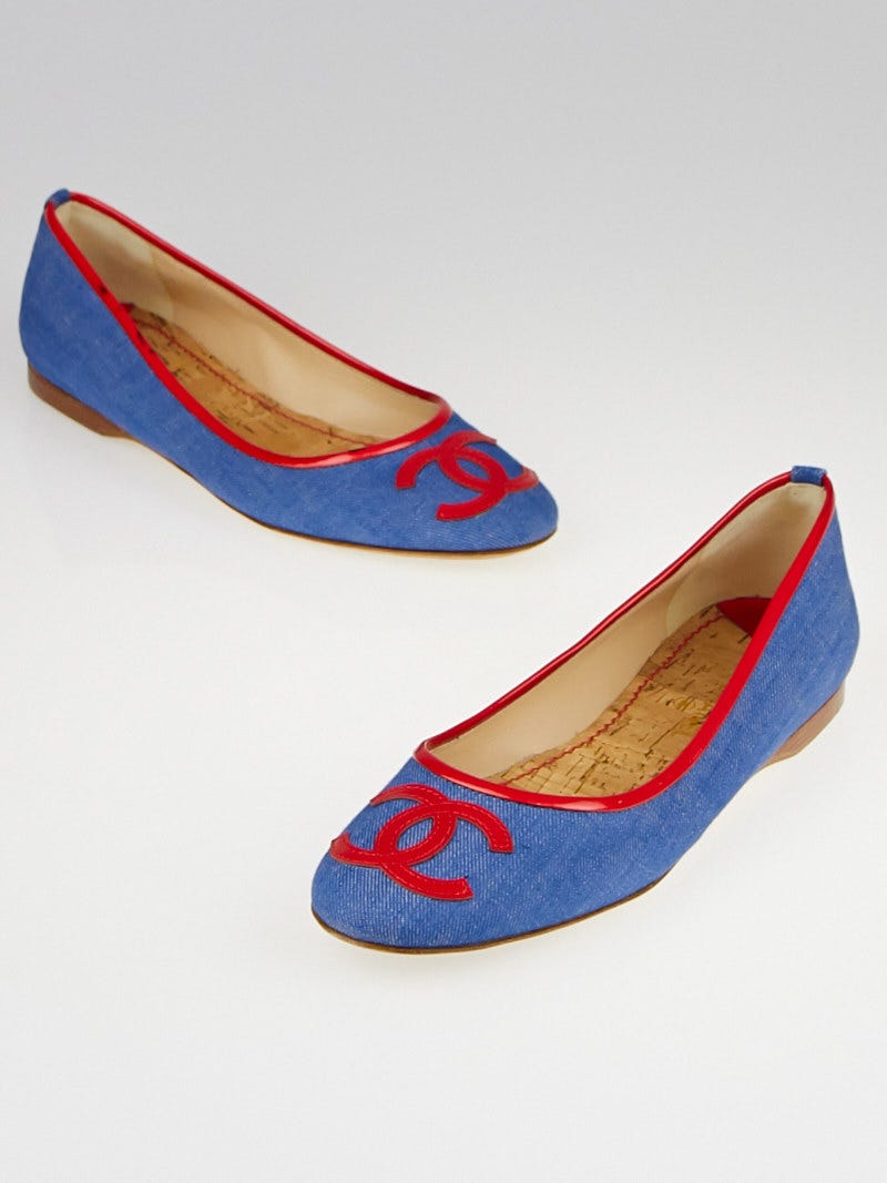 Chanel Blue Denim/Red Patent Leather CC Ballet Flats Size 8.5/39