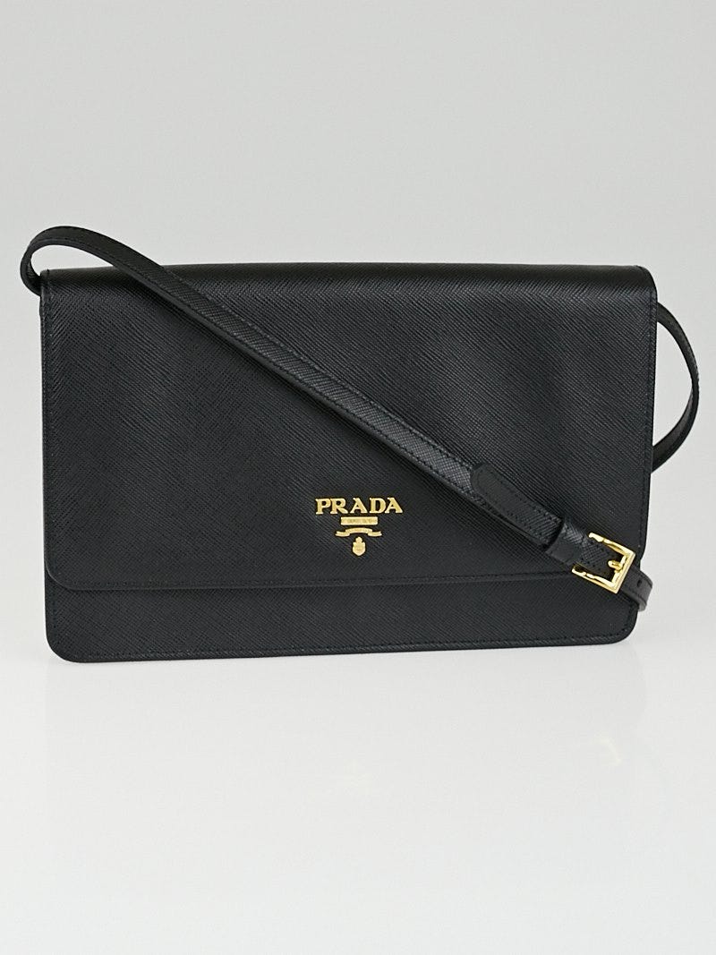 Prada ハンドバッグ 1M1361 SAFFIANO METEL Prada Black Saffiano Leather Wallet with Strap Clutch Bag 1M1361