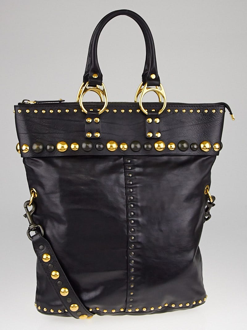 Gucci Black Leather Babouska Studded Medium Top Handle Bag