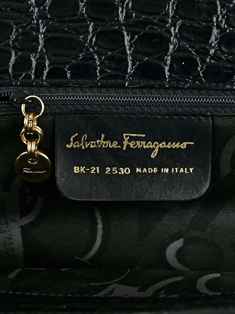 Salvatore Ferragamo Black Crocodile Embossed Leather Vara