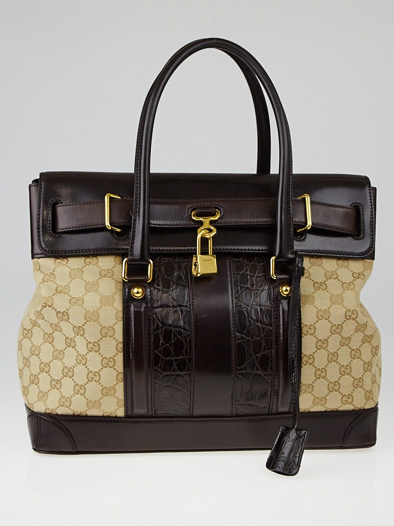 全国送料無料ギフト Gucci Top Medium Secret Tim Crocodile Canvas GG Beige/Ebony スーツ