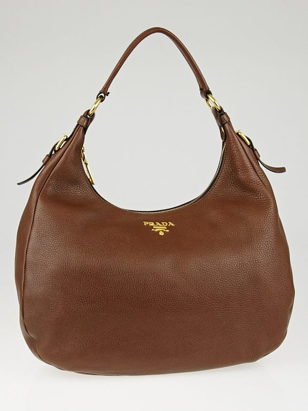 Prada Brown Vitello Daino Leather Zip Top Hobo Bag BR4311