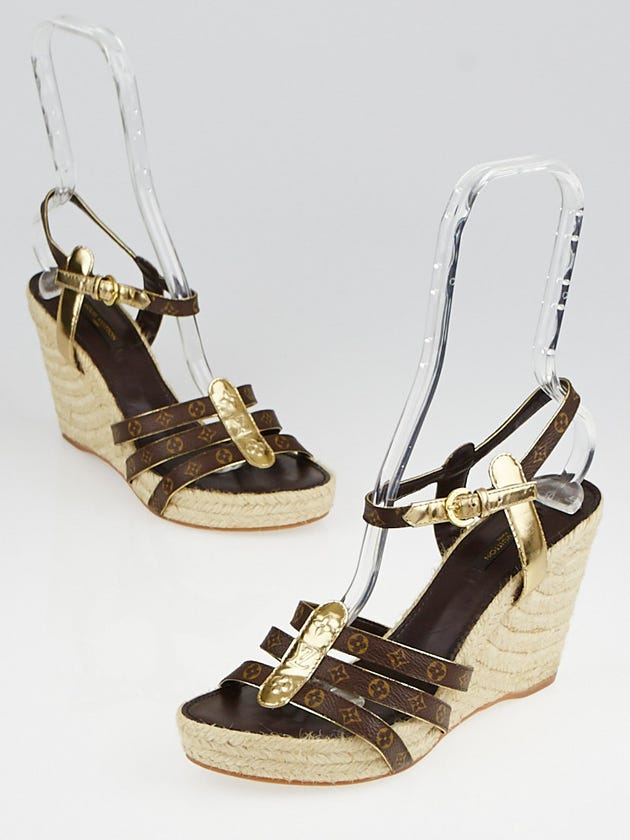 Louis Vuitton Monogram Canvas and Gold Leather Open-Toe Espadrille Wedge Sandals Size 9/39.5