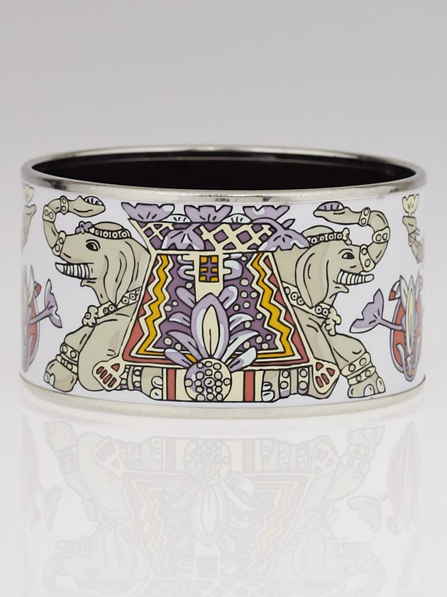 Hermes White Elephant Printed Enamel Palladium Plated Extra Wide Bracelet Size 65 