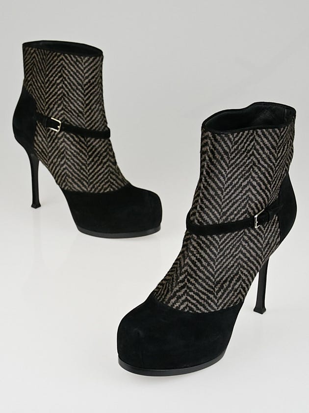 Yves Saint Laurent Black Suede/Grey Herringbone Print Pony Hair Tribtoo Ankle Boots Size 9.5/40