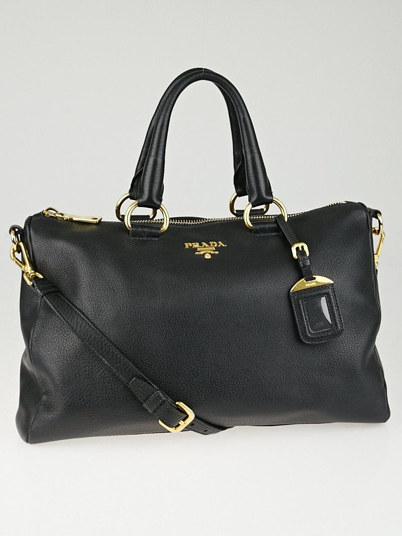 Prada Vitello Daino Logo Bauletto Bag - Black Shoulder Bags