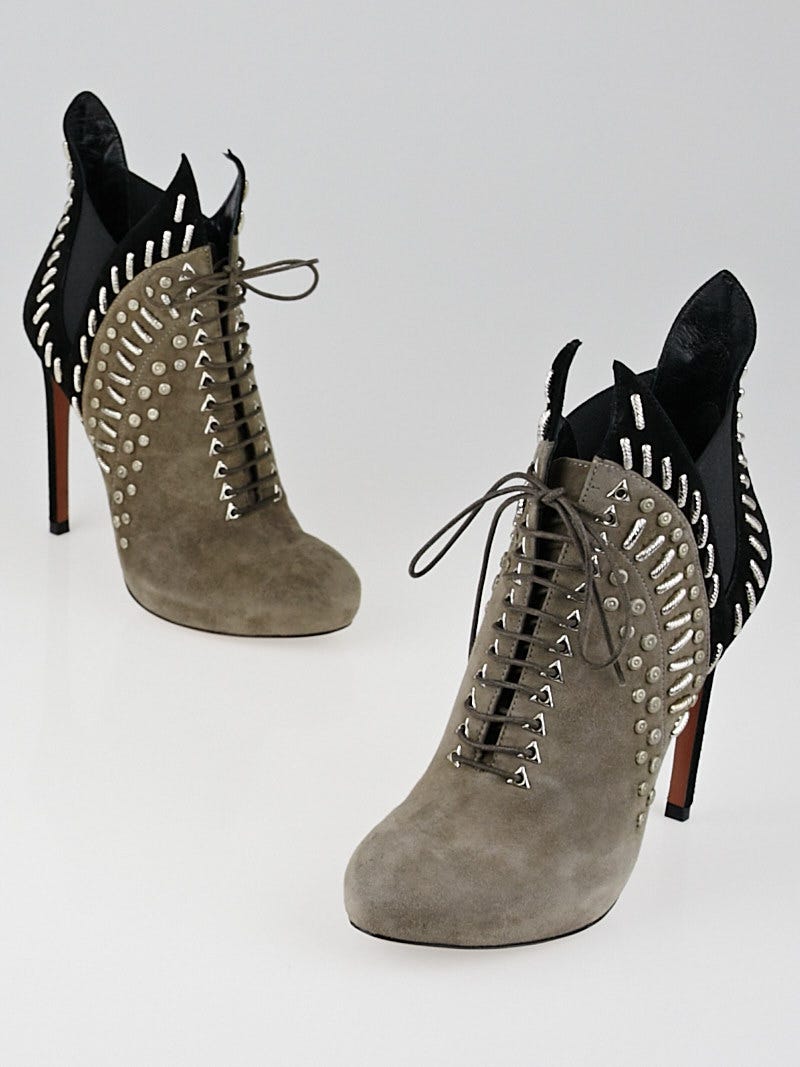 Alaïa Black/Grey Suede Studded Lace Up Booties Size 4.5/35