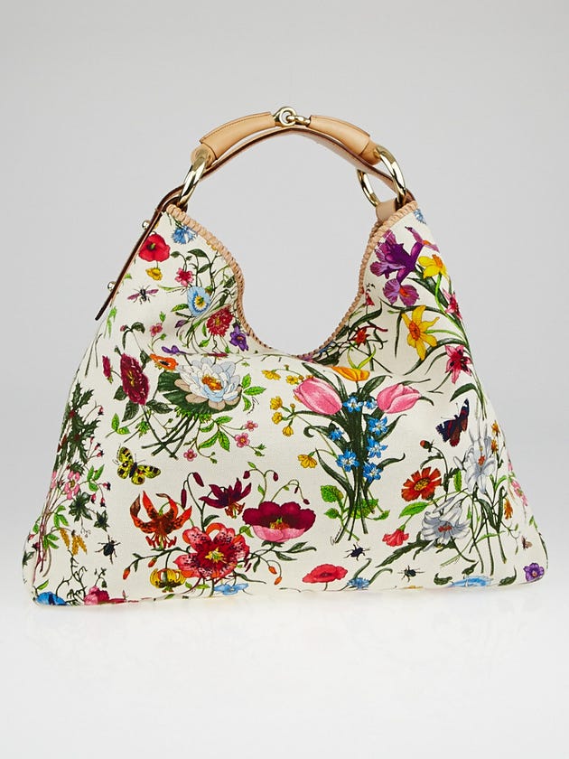 Gucci Floral Canvas Large Horsebit Hobo Bag 