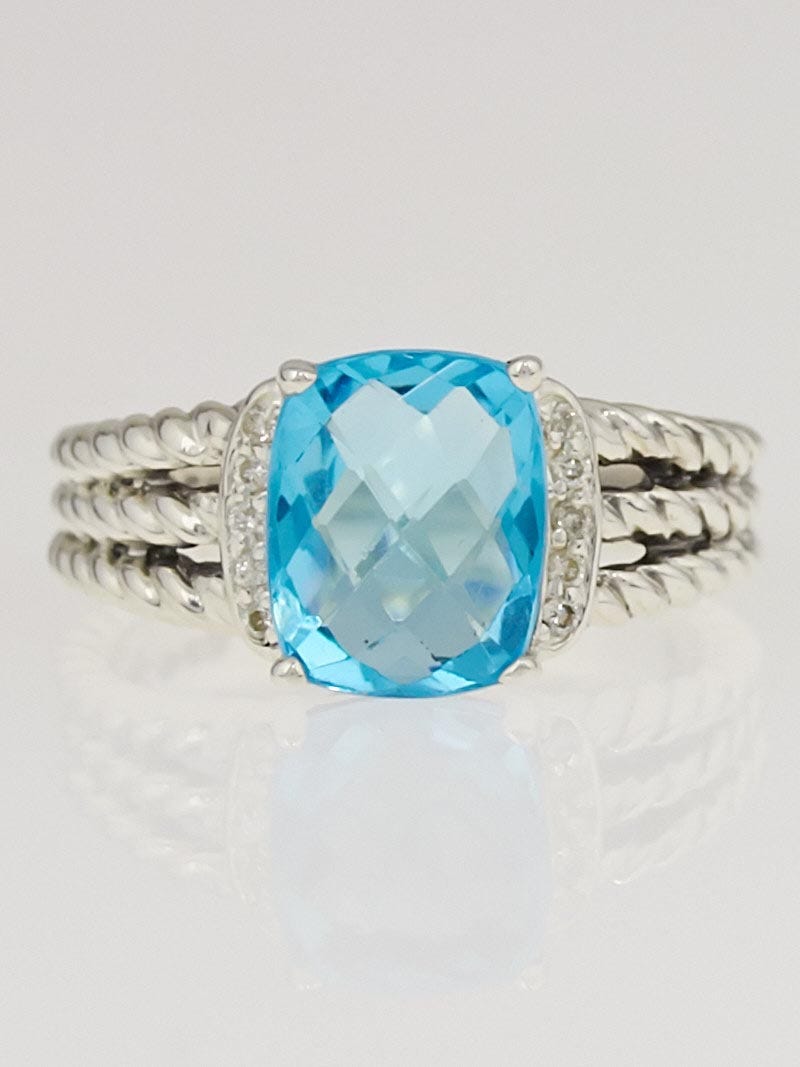 David Yurman Blue Topaz and Diamonds Petite Wheaton Ring Size 6.5
