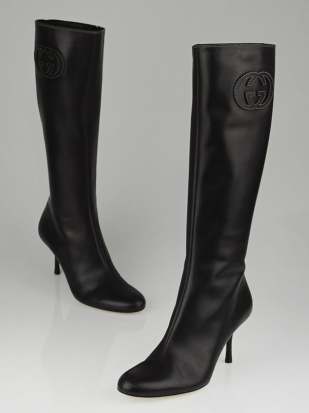 Gucci Black Leather GG Tall High-Heel Boots Size 8.5