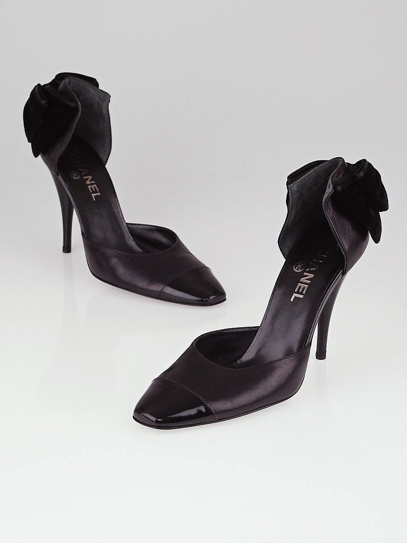 Chanel Black Leather Velvet Bow Pumps Size 8.5/39