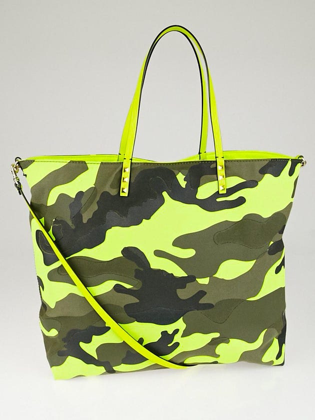 Valentino Neon Green Camouflage Canvas Reversible Shopper Tote Bag