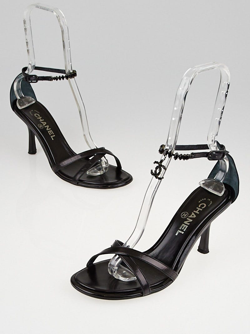 Chanel Black Leather Strappy Crystal CC Sandals Size 10/40.5