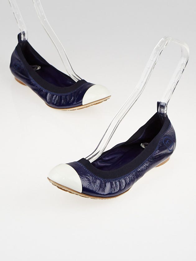 Chanel Navy Blue Patent Leather Elastic Ballet Flats Size 9.5/40