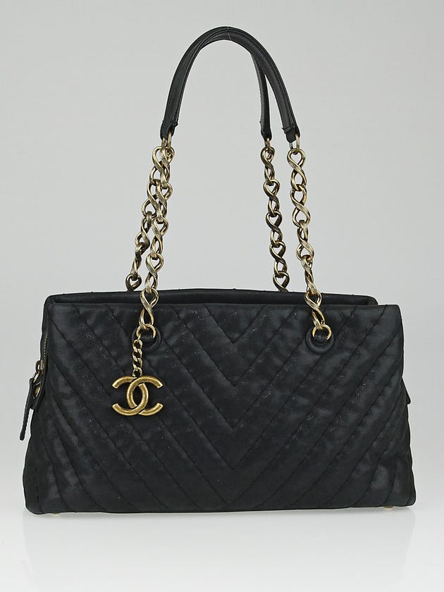 Chanel Black Chevron Quilted Iridescent Leather Surpique Small Tote Bag
