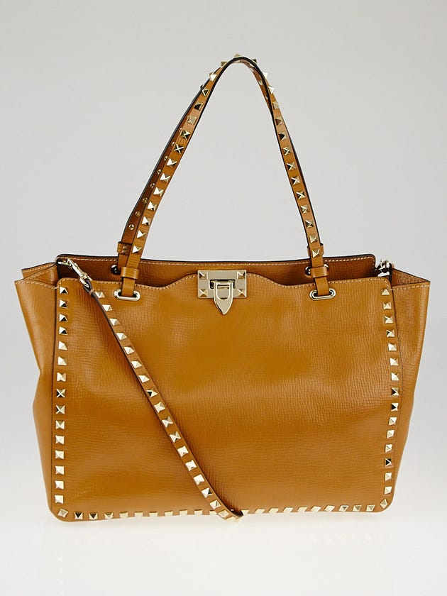 Valentino Brown Textured Leather Rockstud Trapeze Tote Bag 
