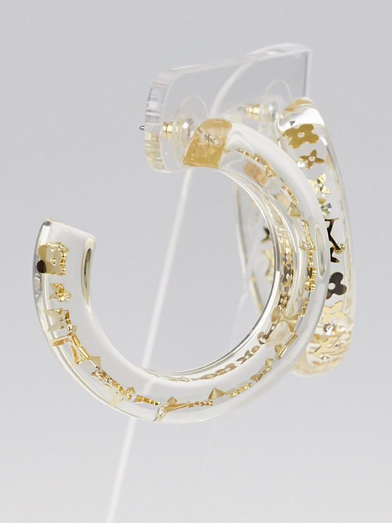 Louis Vuitton Clear Resin Monogram Inclusion Gold Tone Hoop Earrings