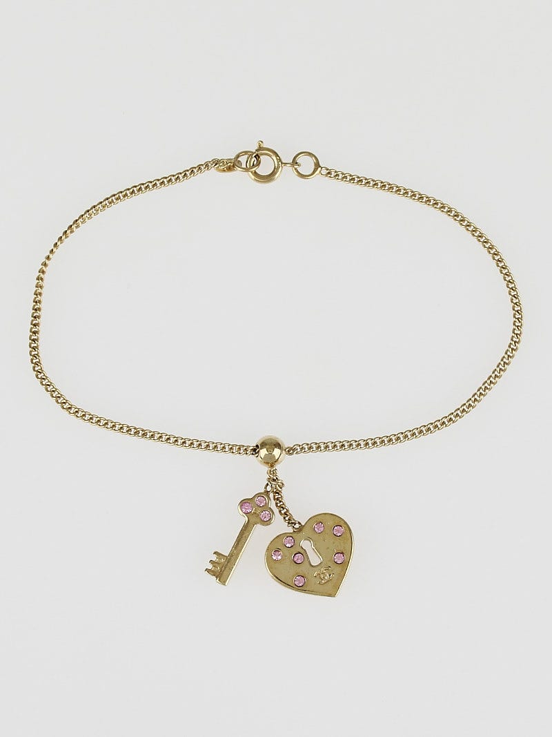 Chanel Goldtone Metal and Pink Crystal Lock & Key Charm Bracelet