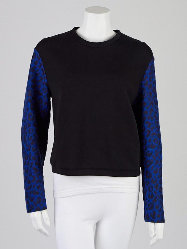 3.1 Phillip Lim Black/Blue Cotton Blend Leopard Print Sleeve Pullover Sweater Size 6