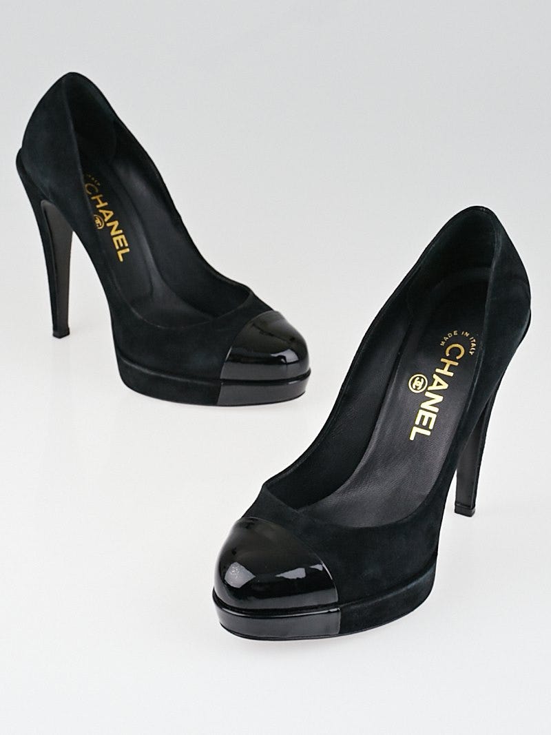 Chanel Black Suede Cap-Toe Platform Pumps Size 7.5/38 | Yoogi's Closet