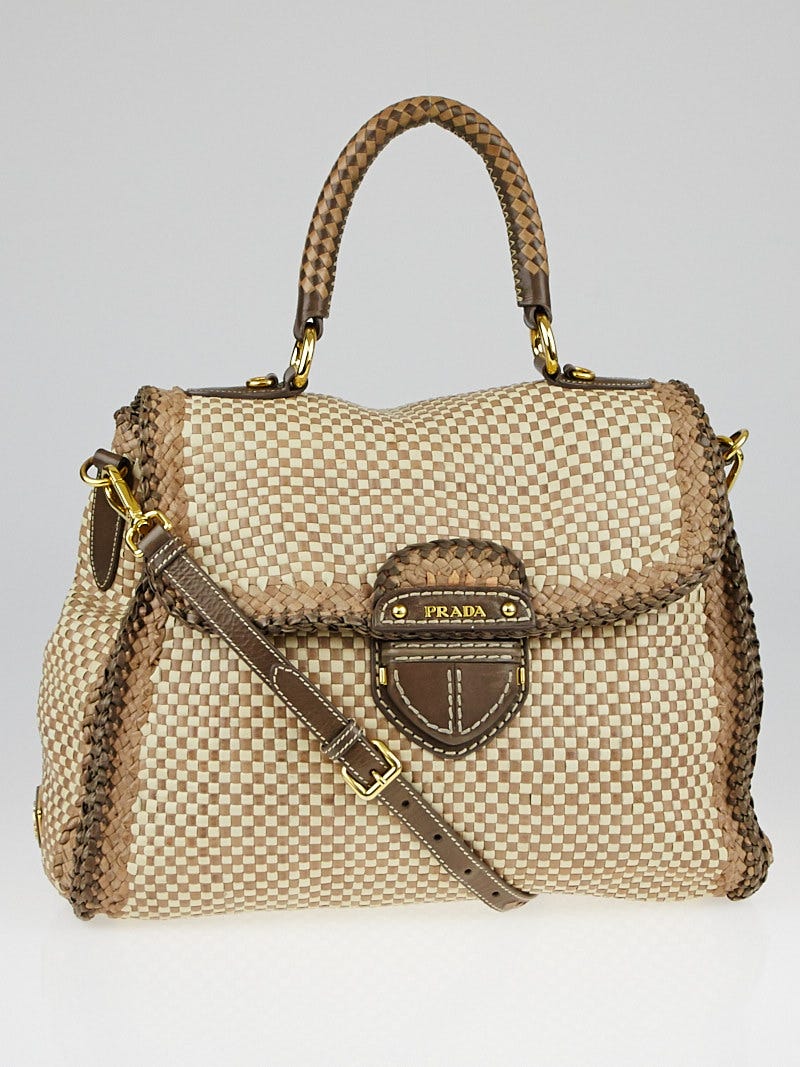 Prada Red/Brown Woven Goatskin Leather Madras Bag BN2115 - Yoogi's Closet