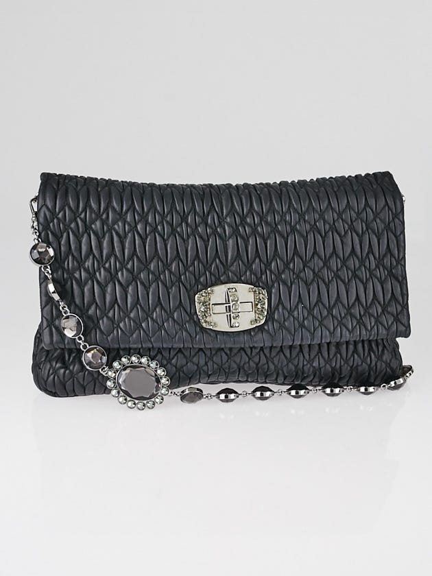 Miu Miu Black Ruched Nappa Leather Cristal Large Foldover Clutch Bag