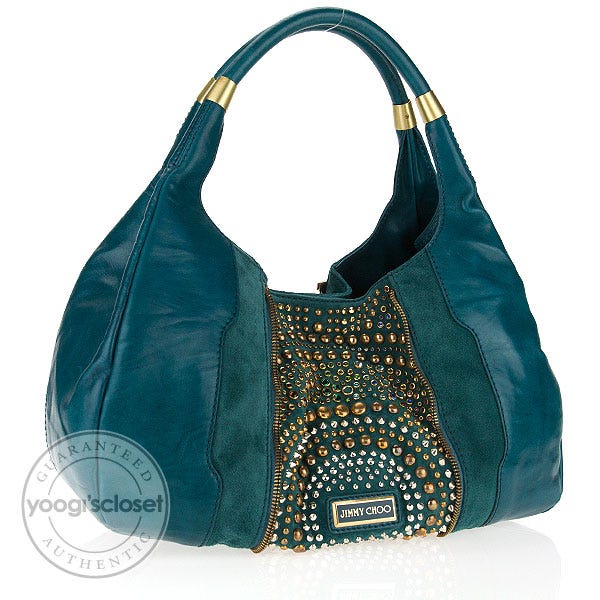 Jimmy Choo Teal Leather Mandah Medium Shoulder Bag
