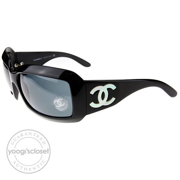 Chanel Black Frame Mother of Pearl CC Logo Sunglasses - Yoogi's Closet
