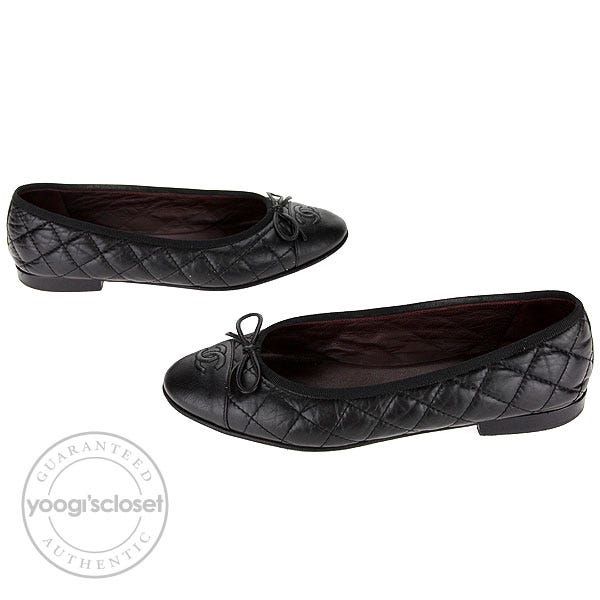 Chanel Black Quilted Leather CC Bow Tie Ballet Flats Size 8