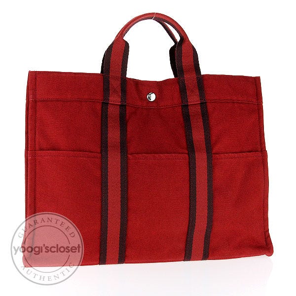 Hermes Rouge Fourre Tout Holdall Canvas MM Tote Bag