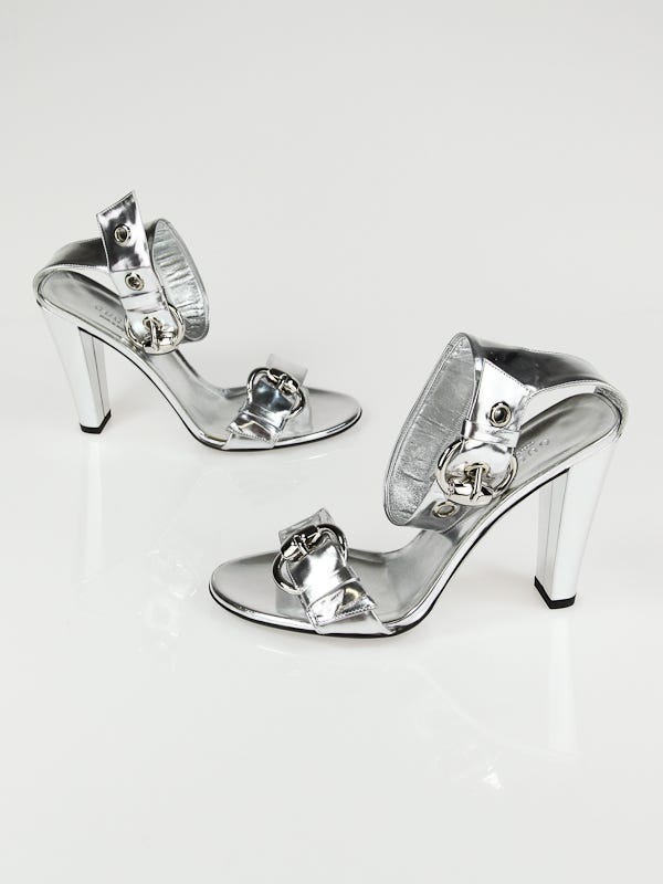 Gucci Metallic Silver Leather Ankle Strap  Open-Toe Heels Size 6