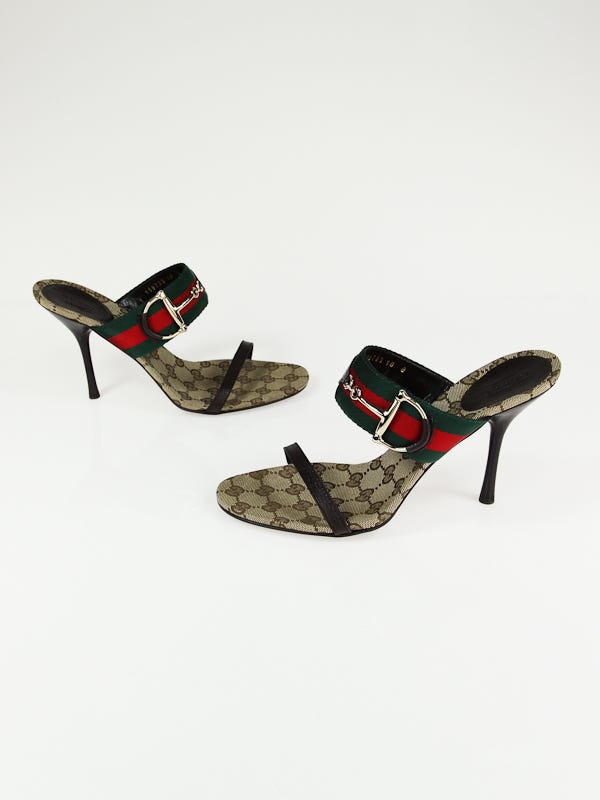 Gucci Beige/Ebony GG Fabric Horsebit Open-Toe Slides Sandals Size 10