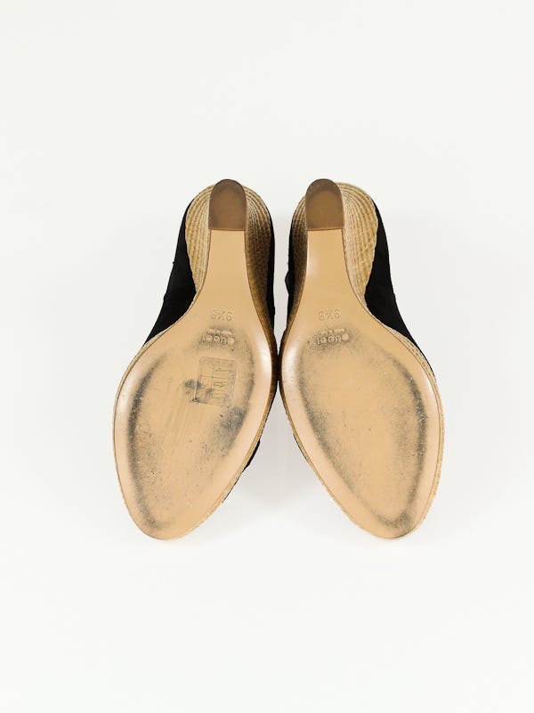 Gucci Black Suede Horsebit Peep-Toe Wedge Espadrilles Size