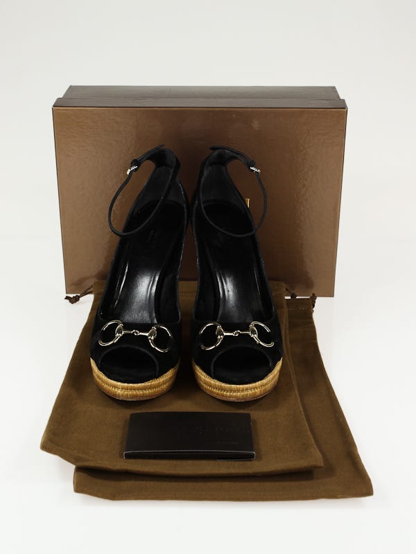 Gucci Black Suede Horsebit Peep-Toe Wedge Espadrilles Size