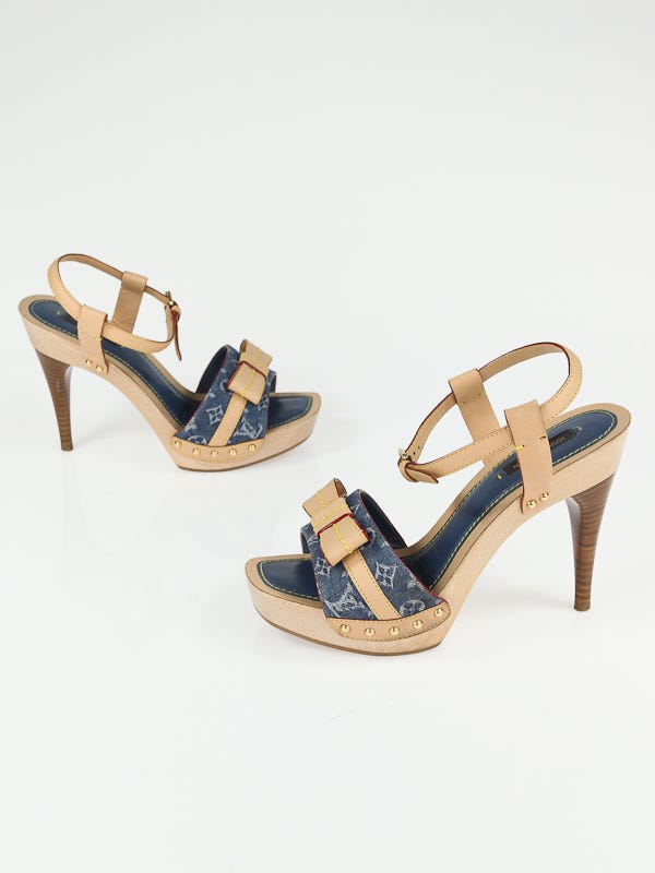 Louis Vuitton Blue Denim Monogram Denim Wood Platform Sandal Heels Size 7.5
