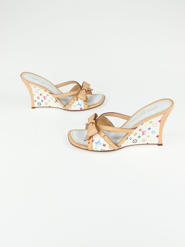 Louis Vuitton White Monogram Multicolore Open-Toe Slide Wedges Size 10