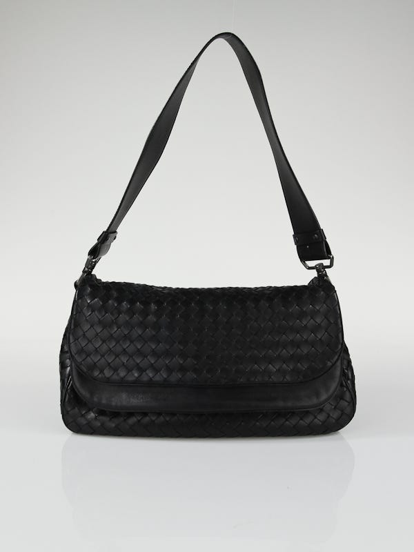Bottega Veneta Black Woven Leather Double Flap Shoulder Bag