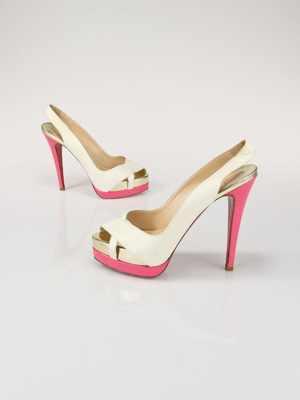 Christian Louboutin Pink/White Leather Platform Peep-Toe Slingbacks Heels Size 6