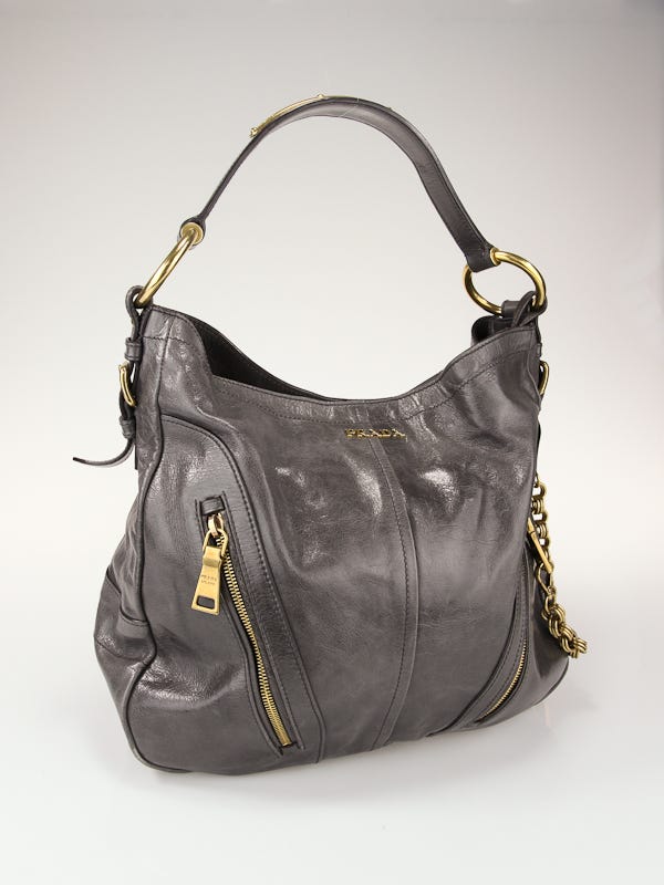 Prada Grey Leather Dual Zip Front Pocket Hobo Bag | Yoogi's Closet