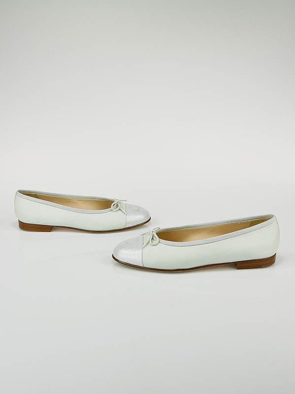 Chanel Light Blue Leather with Silver Toe Cap Ballerina Flats Size 7