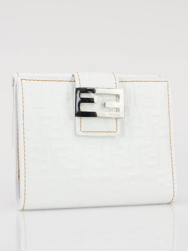 Fendi White Patent Leather Zuchinno Print Forever Small Compact Wallet